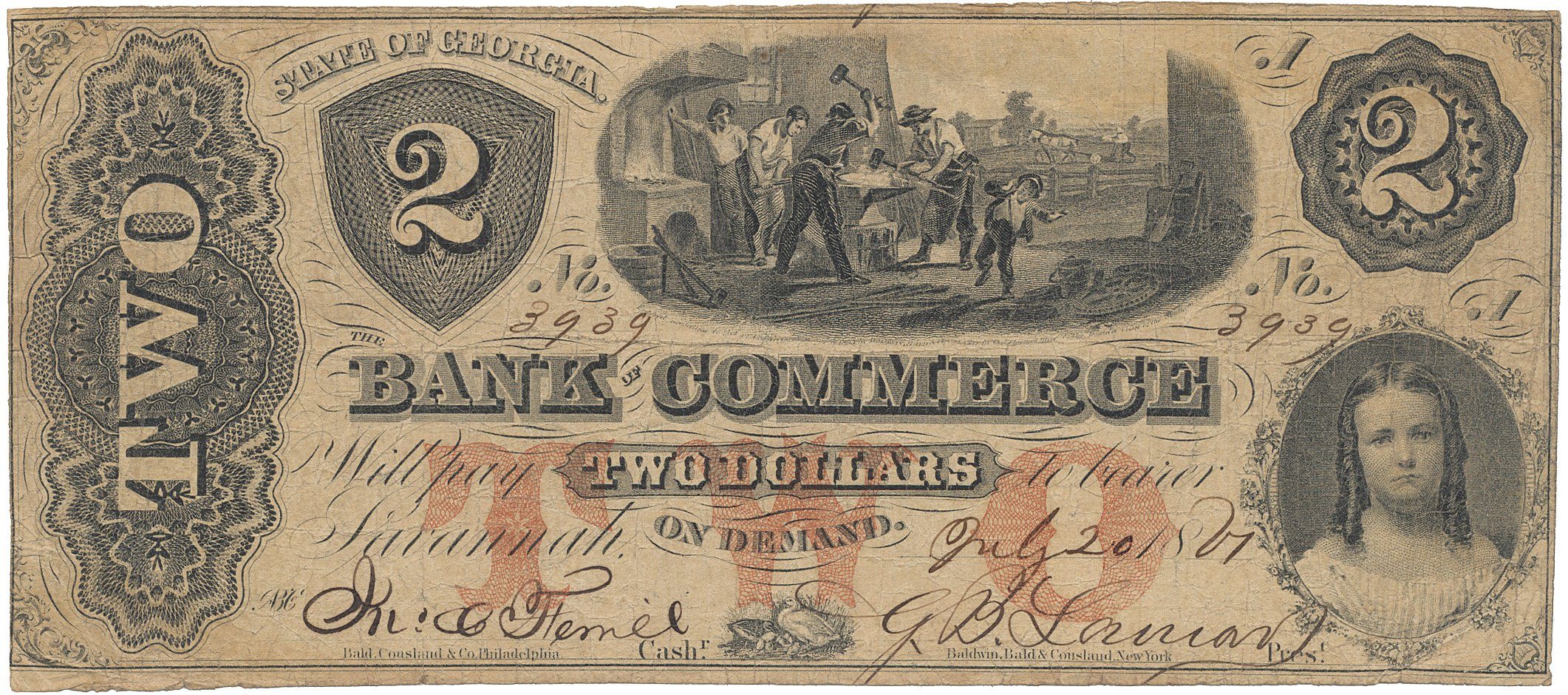 USA, Georgia, Savannah, The Bank of Commerce, 2 Dollars 20. 7. 1861