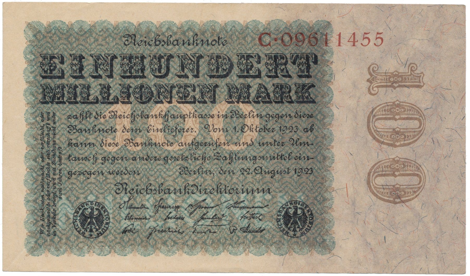 Německo, 100 Millionen Mark 1923, Eichenlaub, Ro.106a