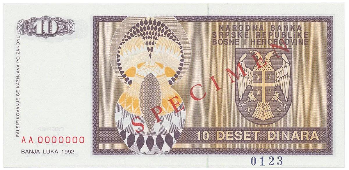 Bosna a Hercegovina, 10 Dinara 1992, bankovní vzor, AA 0000000, přet. SPECIMEN, P.133s