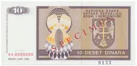 Bosna a Hercegovina, 10 Dinara 1992, bankovní vzor, AA 0000000, přet. SPECIMEN, P.133s