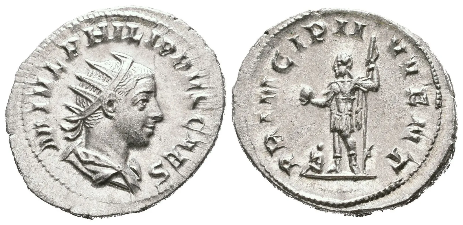 Antoninian, 244 - 246, Rv: PRINCIPI IVVENT, stojící Philip II. ve vojenském oděvu — 1