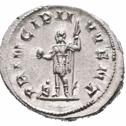 Antoninian, 244 - 246, Rv: PRINCIPI IVVENT, stojící Philip II. ve vojenském oděvu