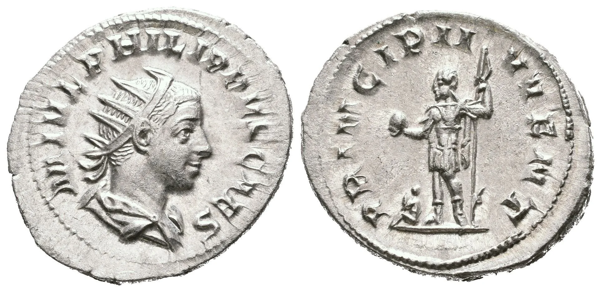 Antoninian, 244 - 246, Rv: PRINCIPI IVVENT, stojící Philip II. ve vojenském oděvu — 1