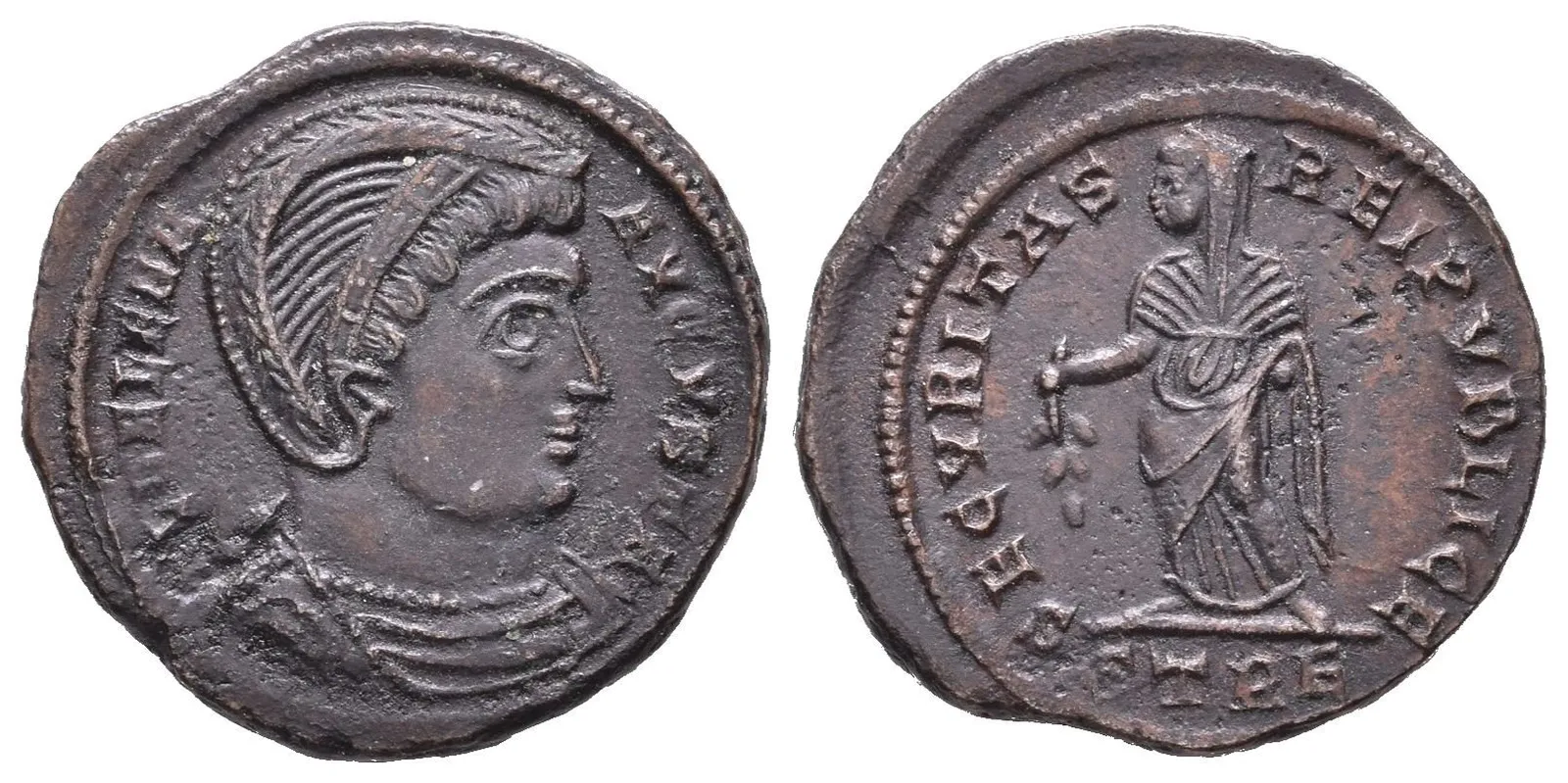 AE 3, Thessalonika, 326 - 328, Rv: SECVRITAS REIPVBLICE, stojící Helena zleva — 1