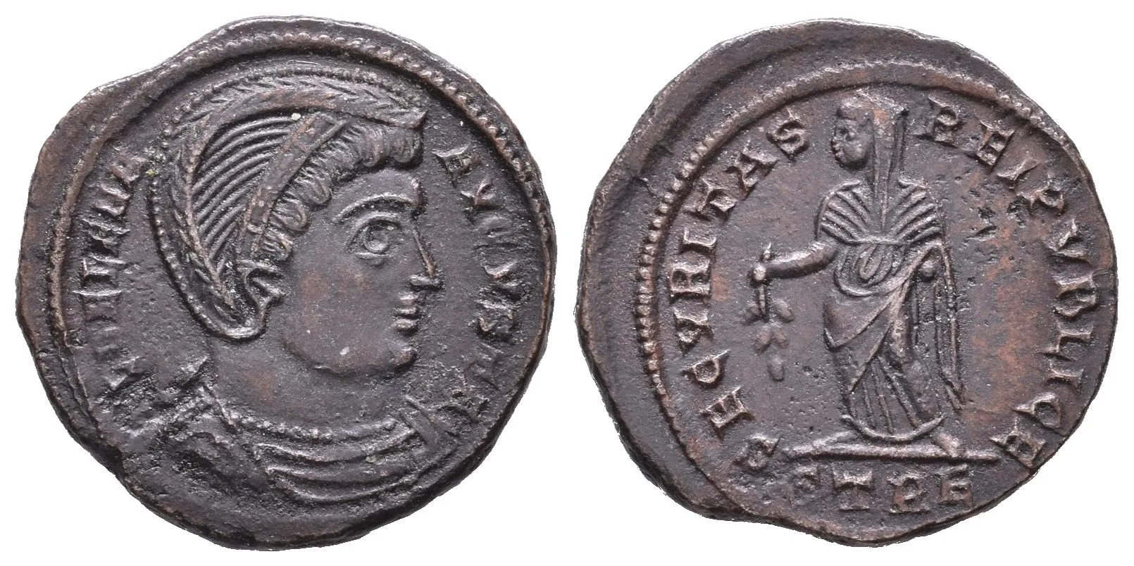 AE 3, Thessalonika, 326 - 328, Rv: SECVRITAS REIPVBLICE, stojící Helena zleva — 1