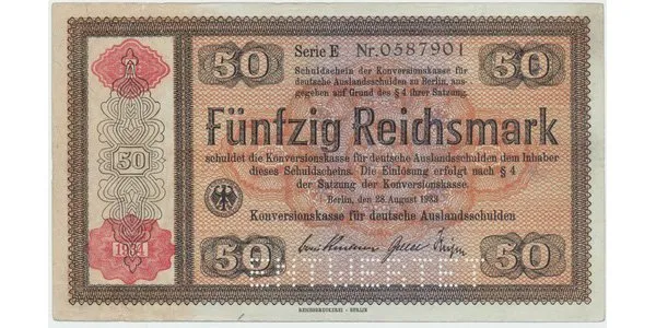 Německo - Konversionskasse, 50 RM 1934, perforace "ENTWERTET", Ro.712E1