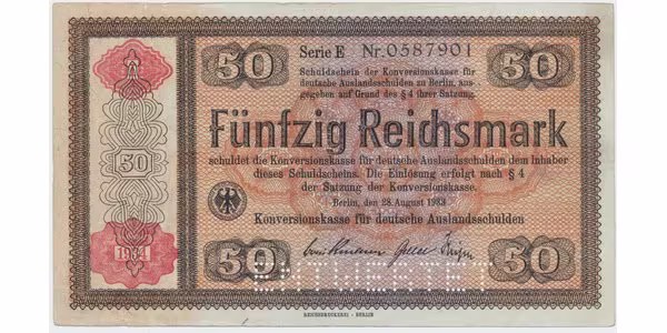 Německo - Konversionskasse, 50 RM 1934, perforace "ENTWERTET", Ro.712E1