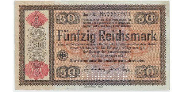 Německo - Konversionskasse, 50 RM 1934, perforace "ENTWERTET", Ro.712E1