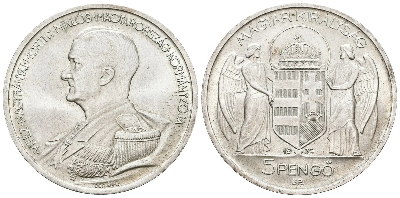 5 Pengö 1939 - Admirál Miklos Horthy, KM.517, ražební lesk, patina — 1