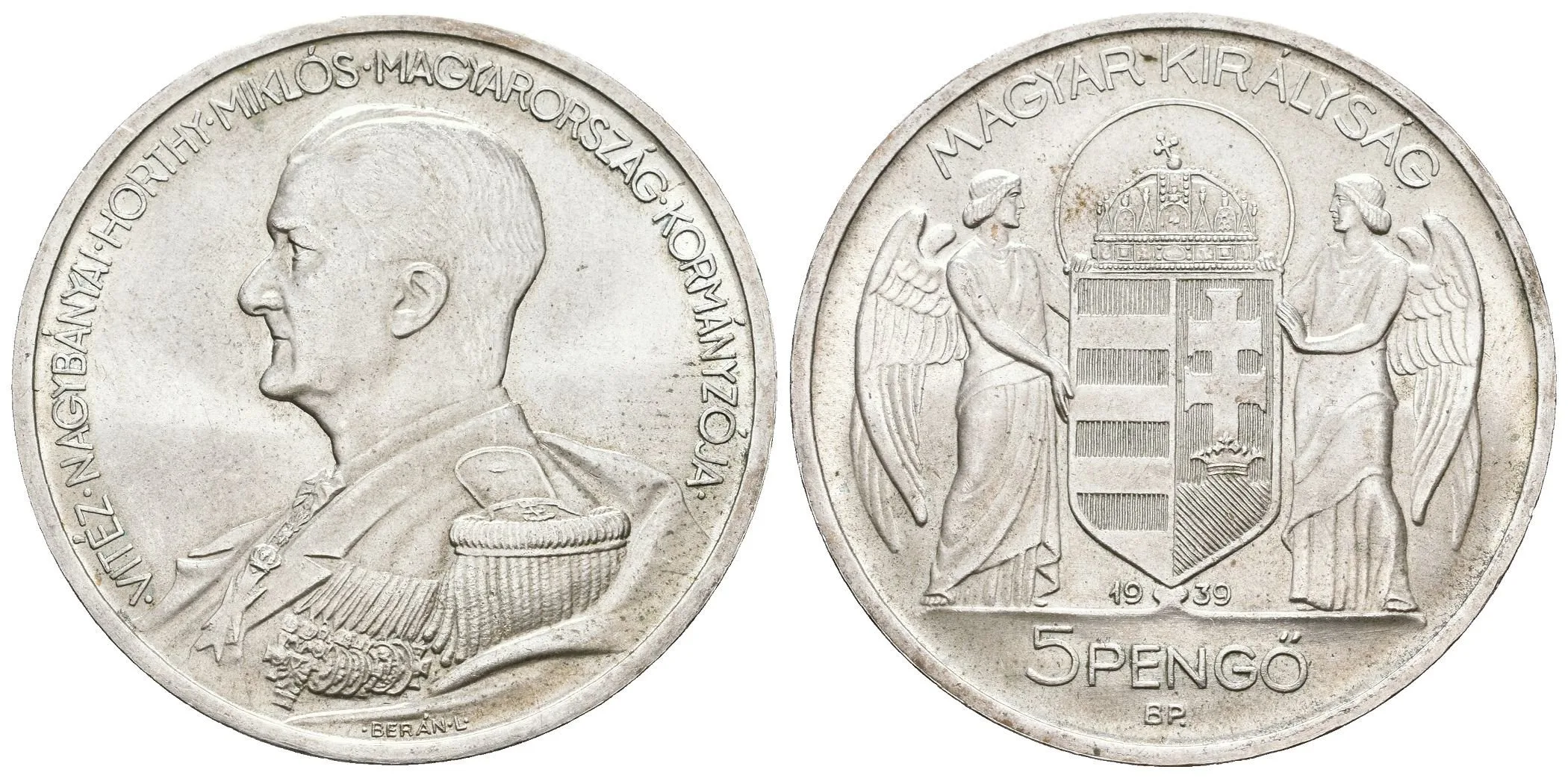 5 Pengö 1939 - Admirál Miklos Horthy, KM.517, ražební lesk, patina — 1