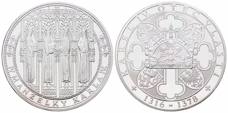 Stříbrná investiční medaile - Karel IV. a jeho 4 manželky - Ag 24,5 g - 999/1000 + Certifikát