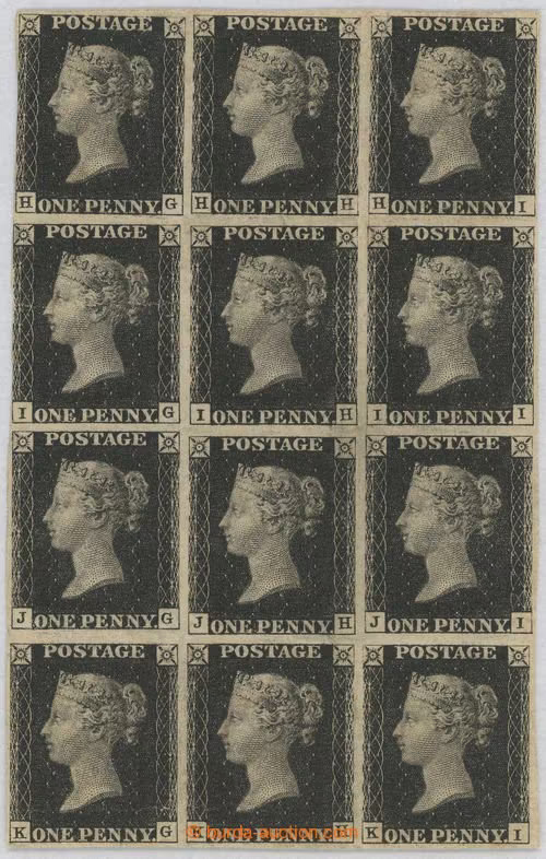 1840 SG.2, PENNY BLACK černá, neupotřebený svislý 12-BLOK s původním originálním lepem (!), tisková deska 5, písmena H-G