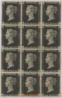 1840 SG.2, PENNY BLACK černá, neupotřebený svislý 12-BLOK s původním originálním lepem (!), tisková deska 5, písmena H-G