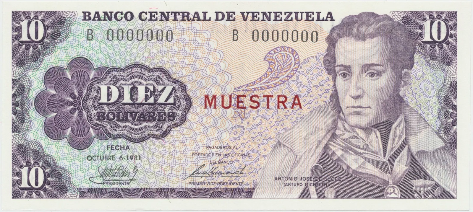 Venezuela, 10 Bolivares 1981, anulát - MUESTRA, P.60s