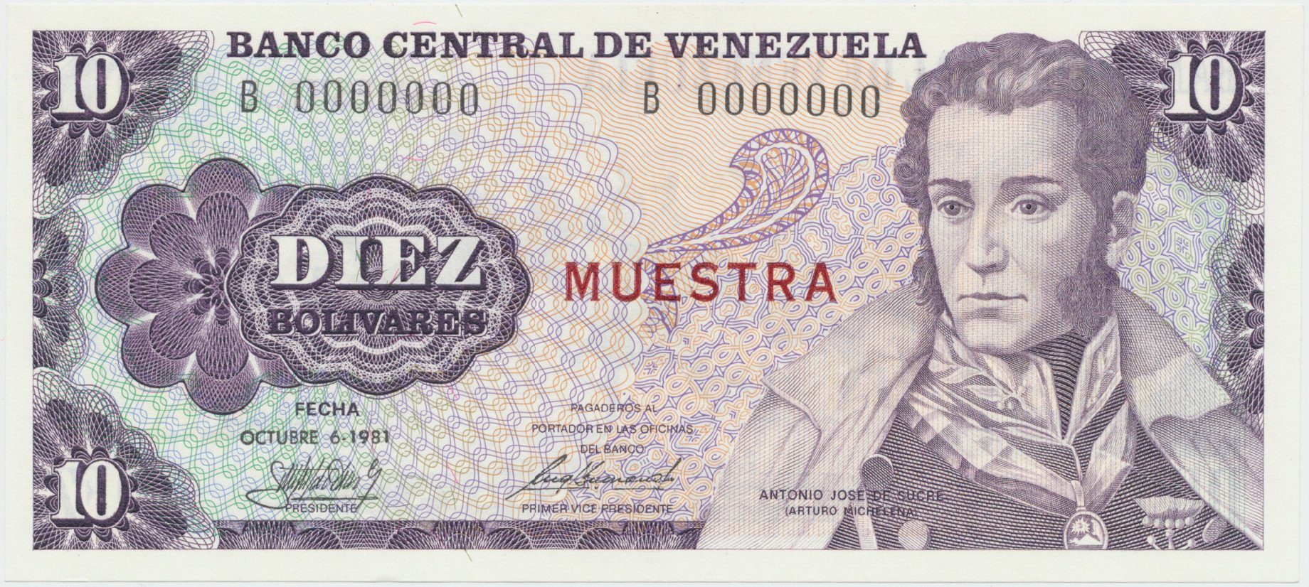 Venezuela, 10 Bolivares 1981, anulát - MUESTRA, P.60s