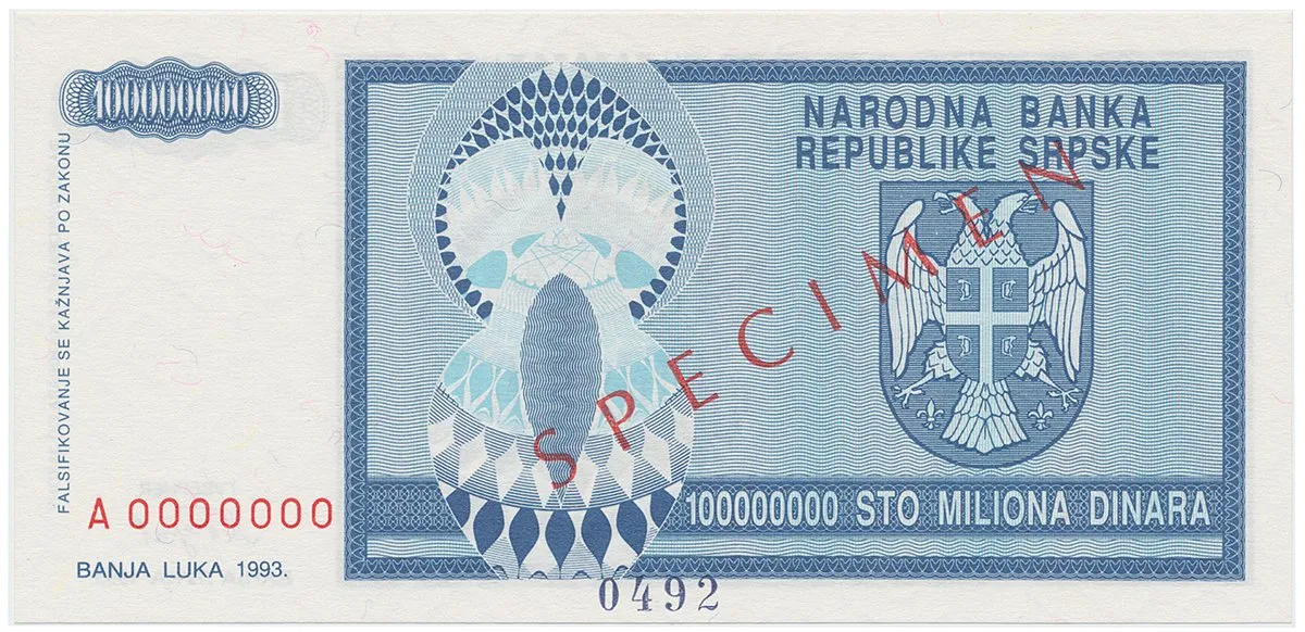 Bosna a Hercegovina, 100 Miliona Dinara 1993, bankovní vzor, A 0000000, přet. SPECIMEN, P.146s