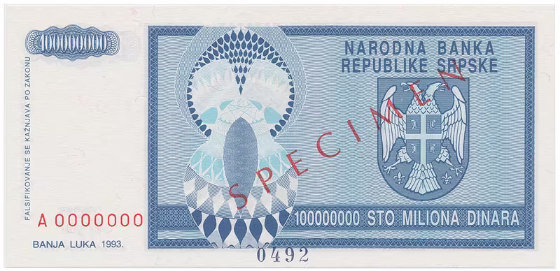Bosna a Hercegovina, 100 Miliona Dinara 1993, bankovní vzor, A 0000000, přet. SPECIMEN, P.146s