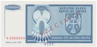 Bosna a Hercegovina, 100 Miliona Dinara 1993, bankovní vzor, A 0000000, přet. SPECIMEN, P.146s