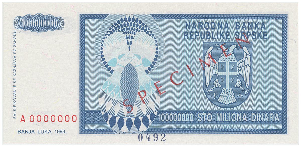 Bosna a Hercegovina, 100 Miliona Dinara 1993, bankovní vzor, A 0000000, přet. SPECIMEN, P.146s