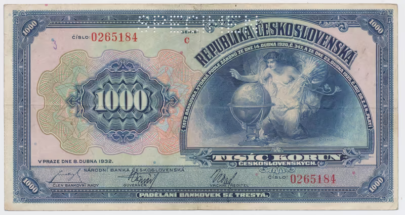 Československo, 1000 Koruna 1932, perf. 1x SPECIMEN nahoře, Hej.26a.S1