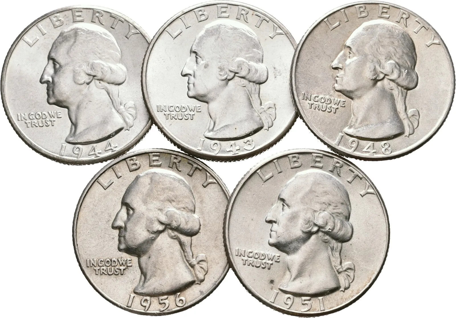 Soubor mincí - 1/4 Dollar 1943 D, 1944 D, 1948, 1951, 1956, — 1