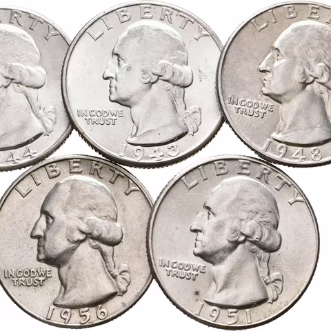 Soubor mincí - 1/4 Dollar 1943 D, 1944 D, 1948, 1951, 1956,