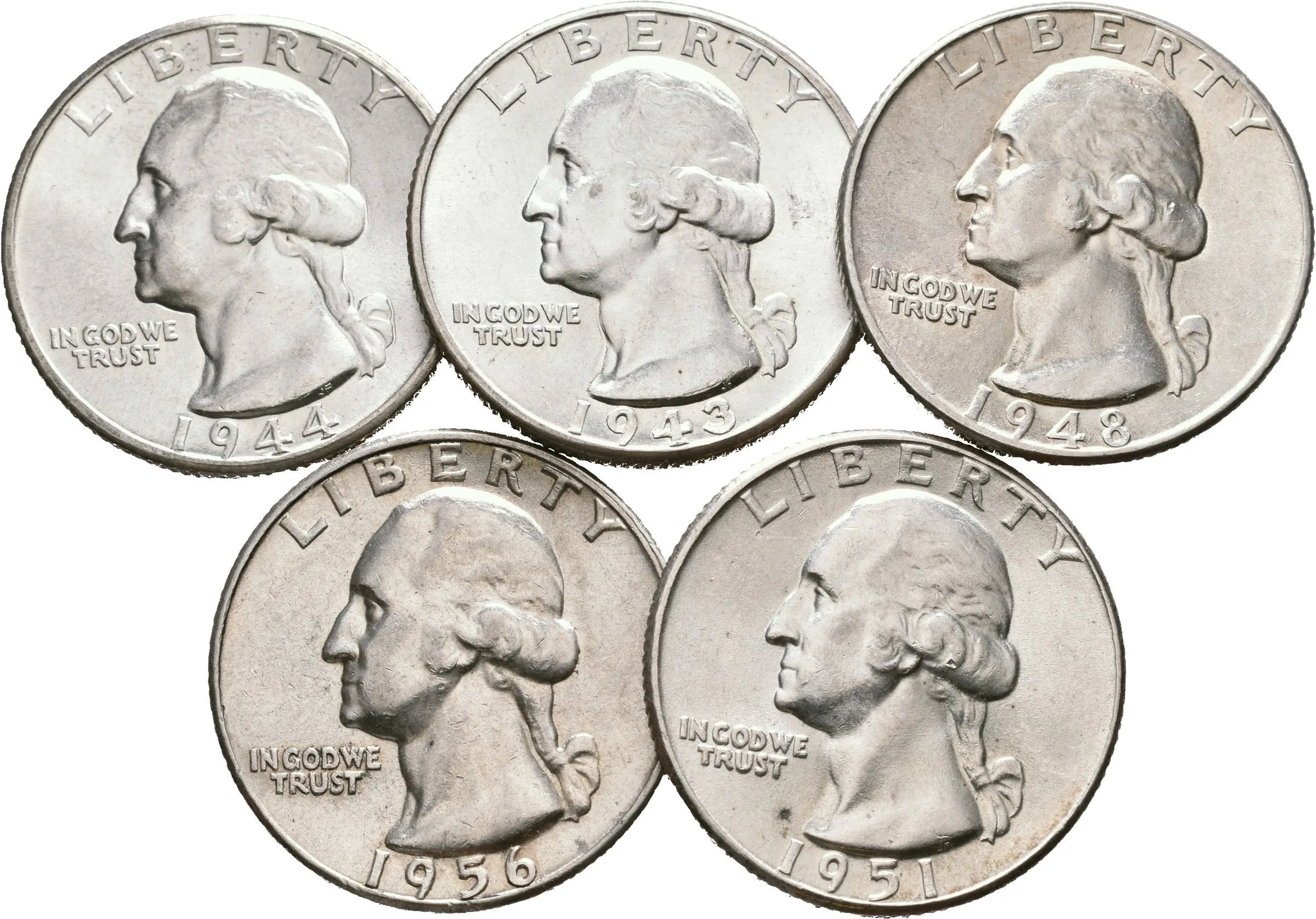 Soubor mincí - 1/4 Dollar 1943 D, 1944 D, 1948, 1951, 1956, — 1