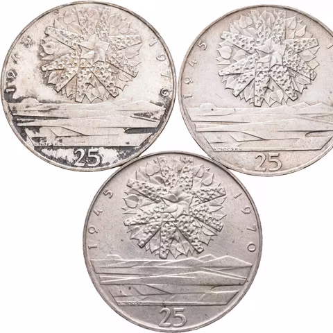 25 Kčs 1970 - 25. výročí osvobození Československa, patina, lesk_3 ks