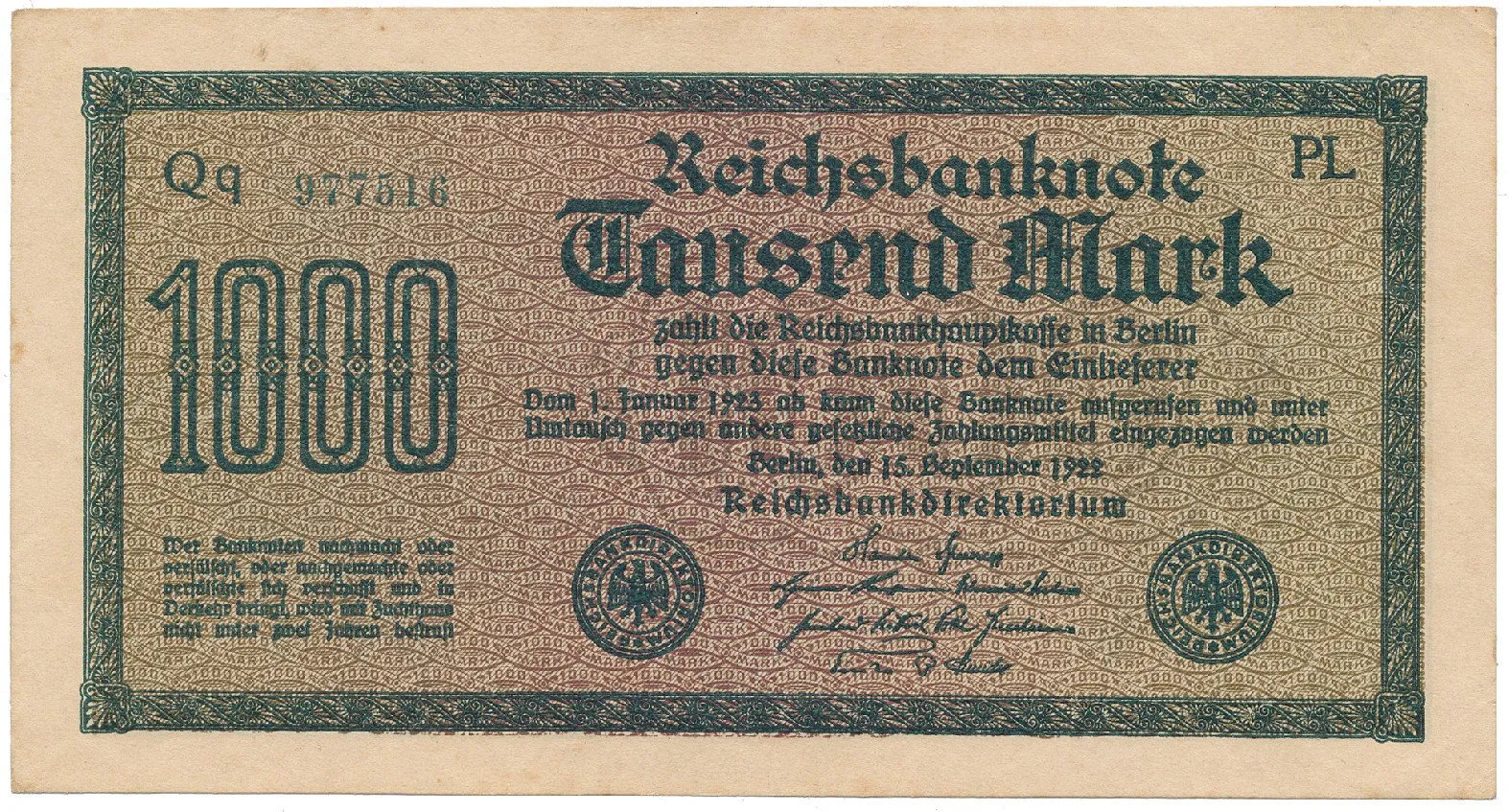 Německo, 1000 Mark 1922, vod. Gitter, zelené 6-místné číslo, Ro.75m