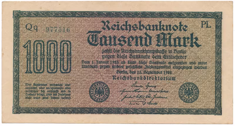 Německo, 1000 Mark 1922, vod. Gitter, zelené 6-místné číslo, Ro.75m