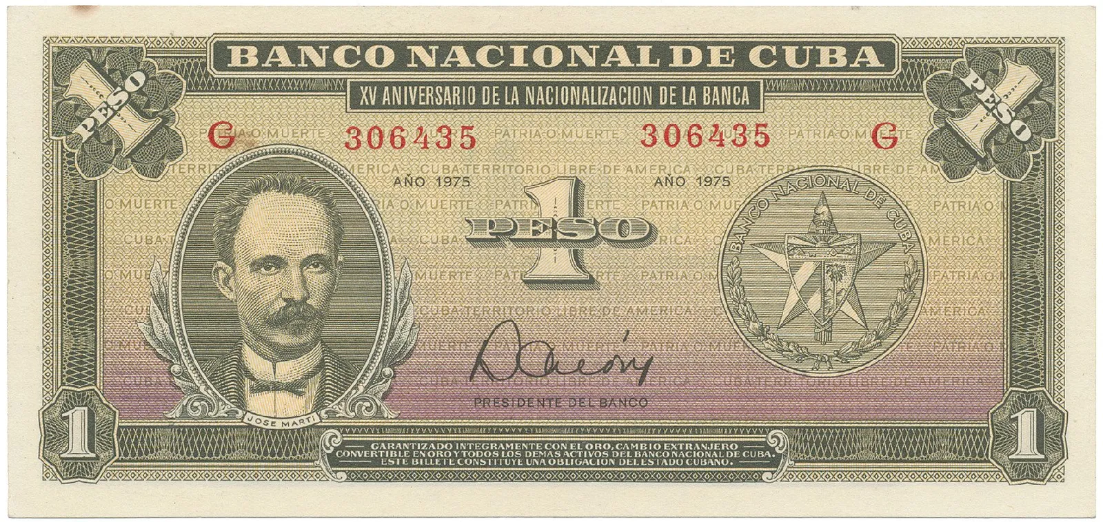 Kuba, 1 Peso 1975, tisk STC Praha, pamětní vydání, P.106