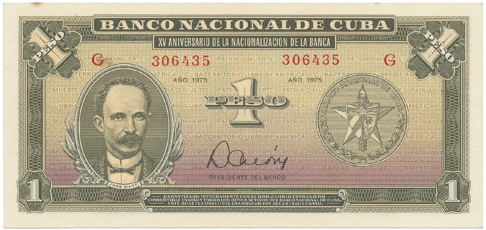 Kuba, 1 Peso 1975, tisk STC Praha, pamětní vydání, P.106