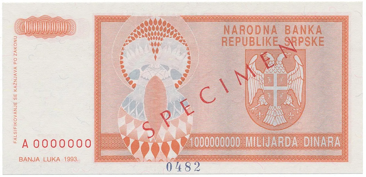 Bosna a Hercegovina, 1 Milijarda Dinara 1993, bankovní vzor, A 0000000, přet. SPECIMEN, P.147s