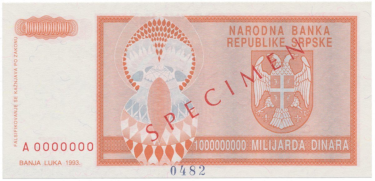 Bosna a Hercegovina, 1 Milijarda Dinara 1993, bankovní vzor, A 0000000, přet. SPECIMEN, P.147s