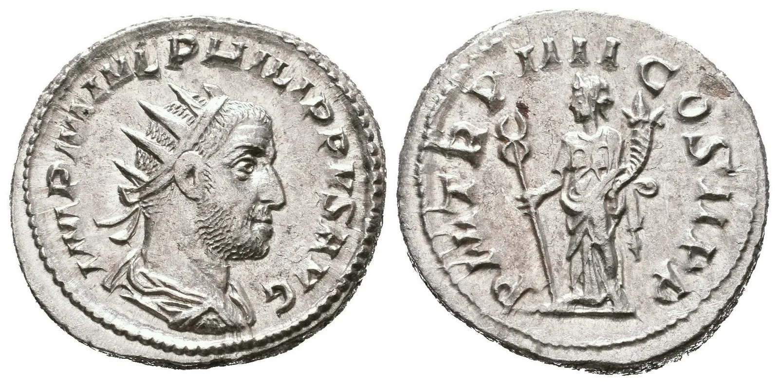 Antoninian, 246, Rv: P M TR P IIII COS II P P, stojící Felicitas zleva drží dlouhý caduceus — 1