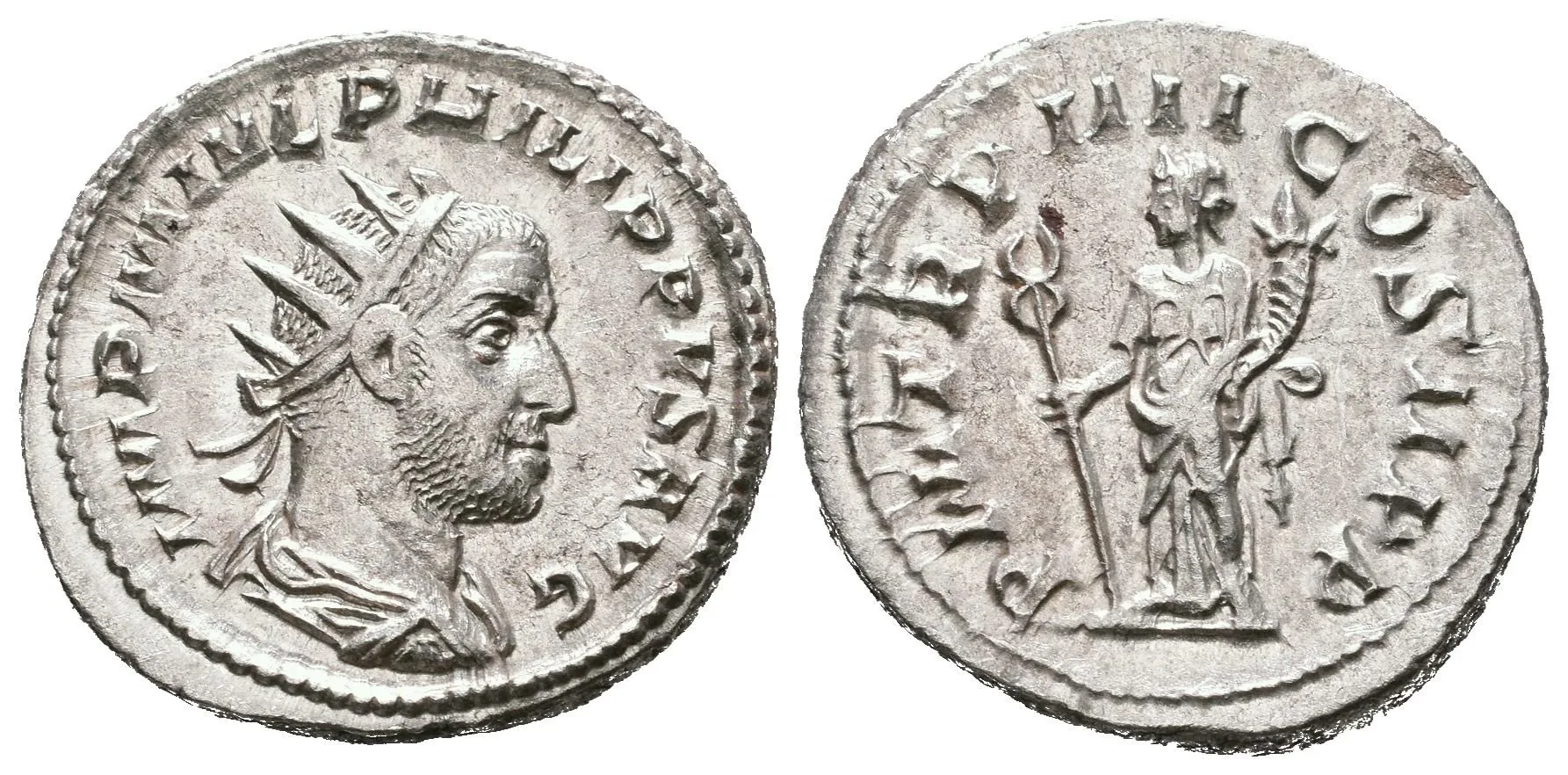Antoninian, 246, Rv: P M TR P IIII COS II P P, stojící Felicitas zleva drží dlouhý caduceus — 1