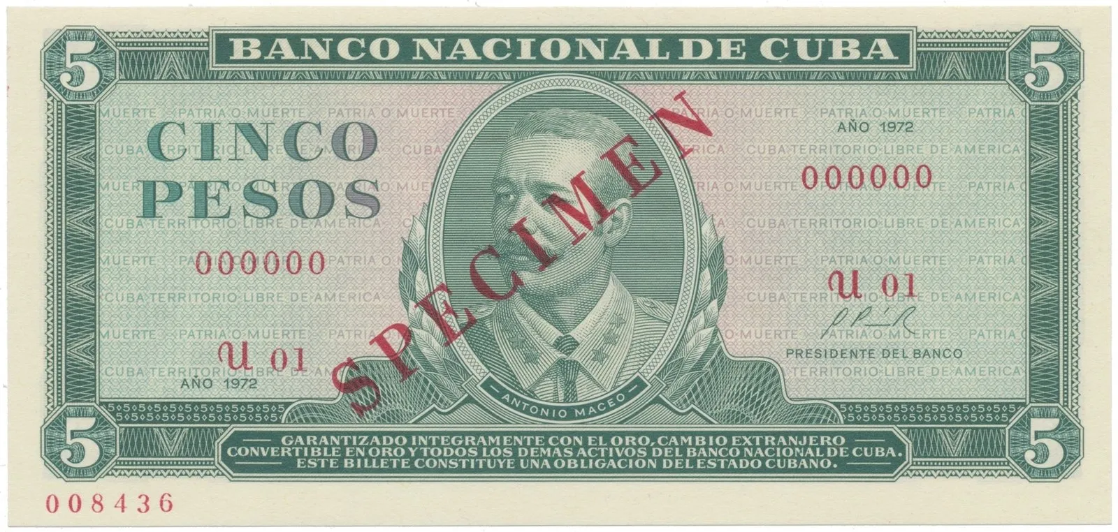 Kuba, 5 Pesos 1972, tisk STC Praha, anulát - SPECIMEN, bankovní vzor, P.103bs