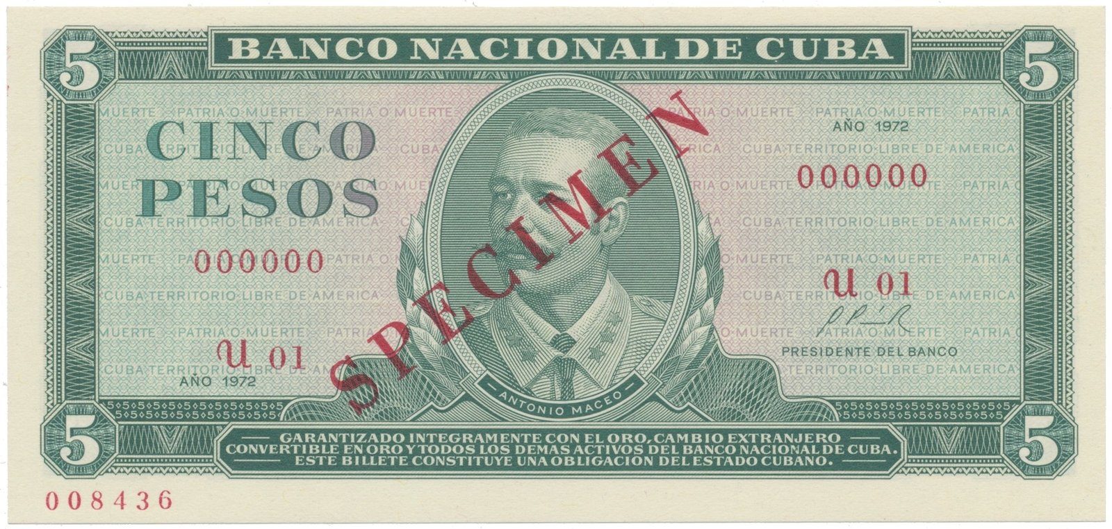 Kuba, 5 Pesos 1972, tisk STC Praha, anulát - SPECIMEN, bankovní vzor, P.103bs