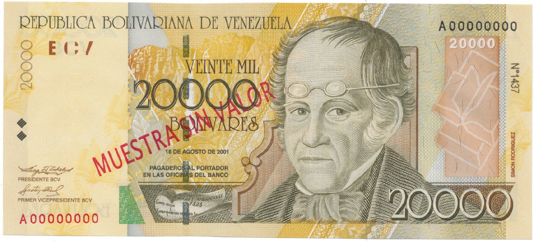 Venezuela, 20.000 Bolivares 2001, anulát - MUESTRA SIN VALOR, P.86as