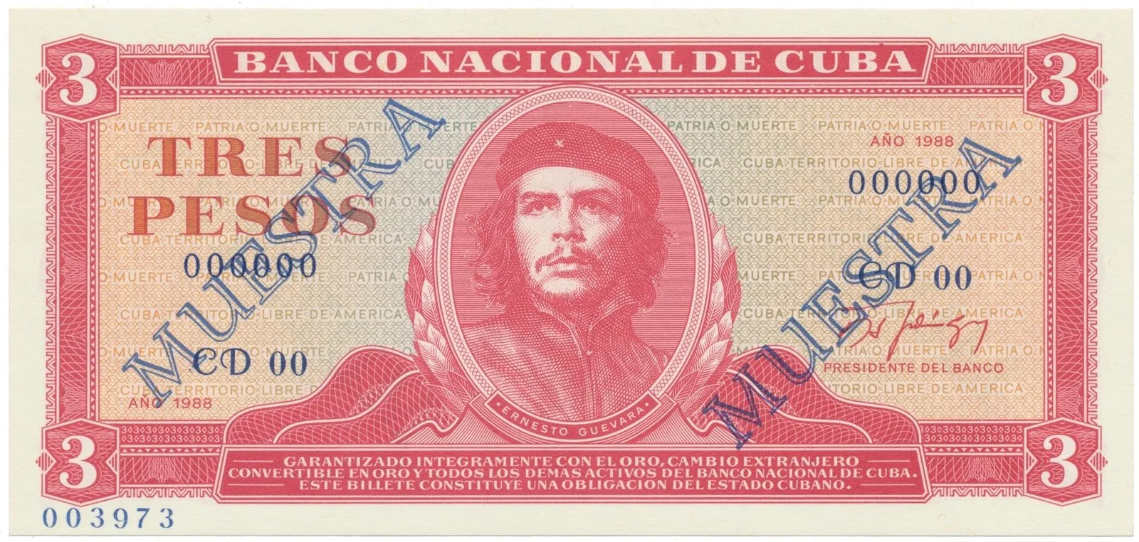 Kuba, 3 Pesos 1988, tisk STC Praha, anulát - 2x MUESTRA, bankovní vzor, P.107bs