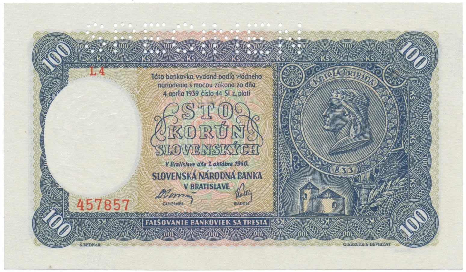 100 Koruna 1940, I. vydání, série L 4, Hej.48a1.S1