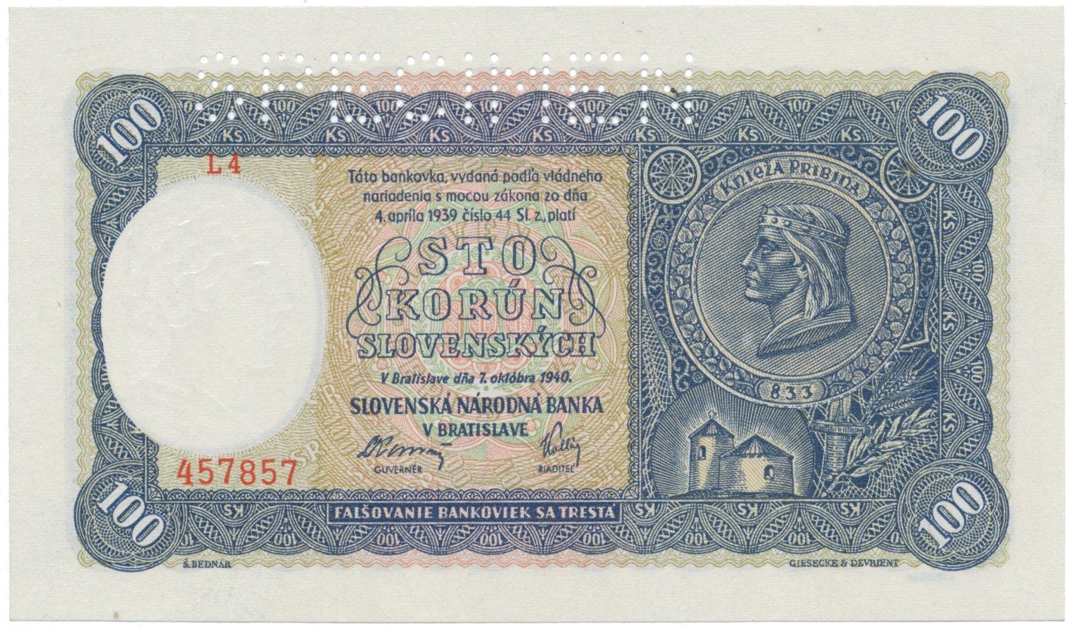 100 Koruna 1940, I. vydání, série L 4, Hej.48a1.S1
