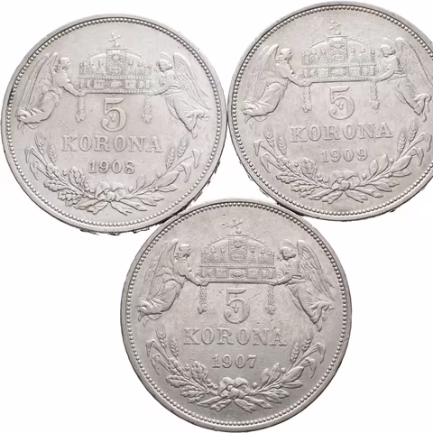 5 Koruna 1907 KB, 1908 KB, 1909 KB, oběhové zachovalosti_3 ks