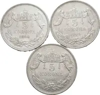 5 Koruna 1907 KB, 1908 KB, 1909 KB, oběhové zachovalosti_3 ks — 1