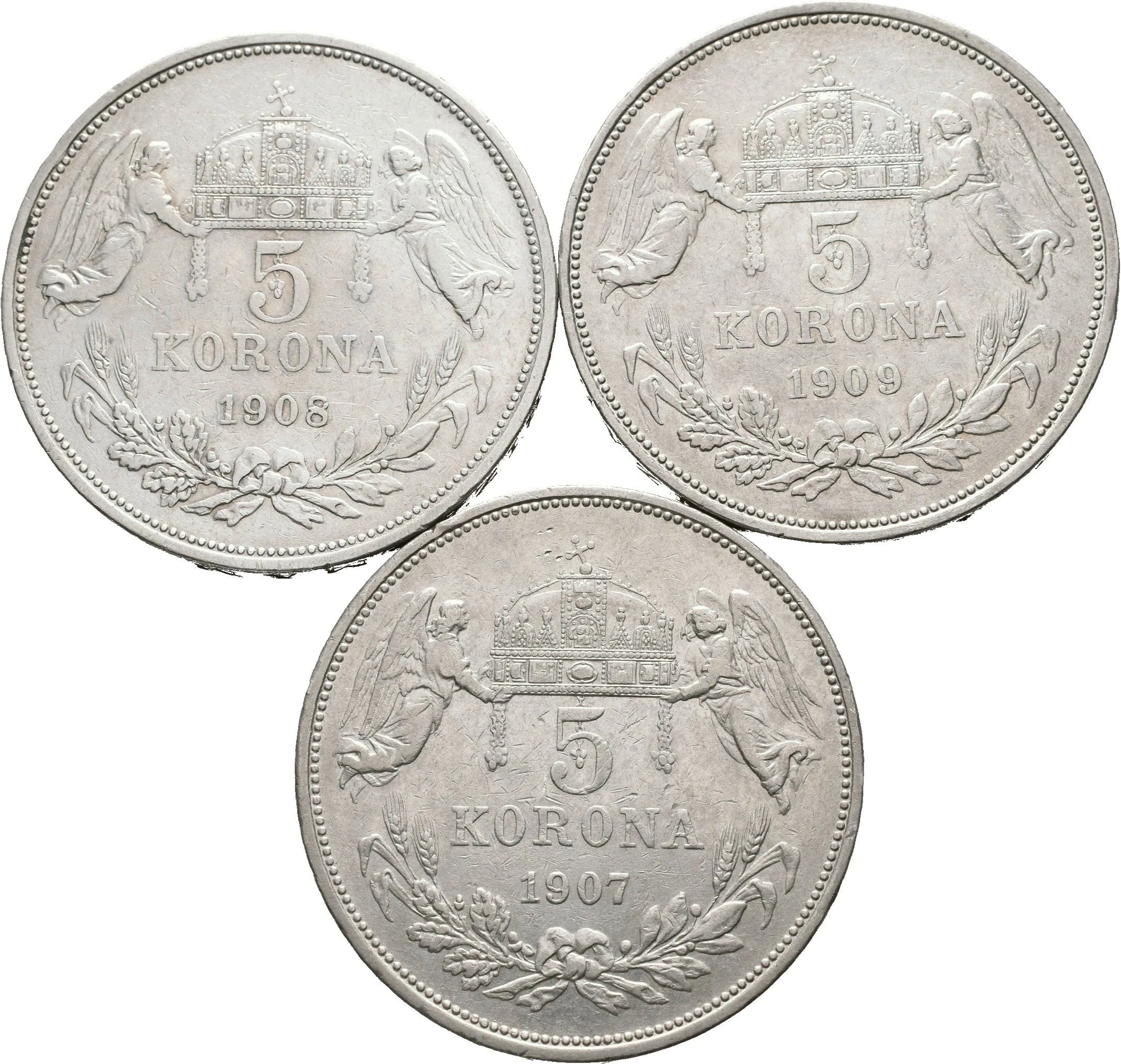 5 Koruna 1907 KB, 1908 KB, 1909 KB, oběhové zachovalosti_3 ks — 1