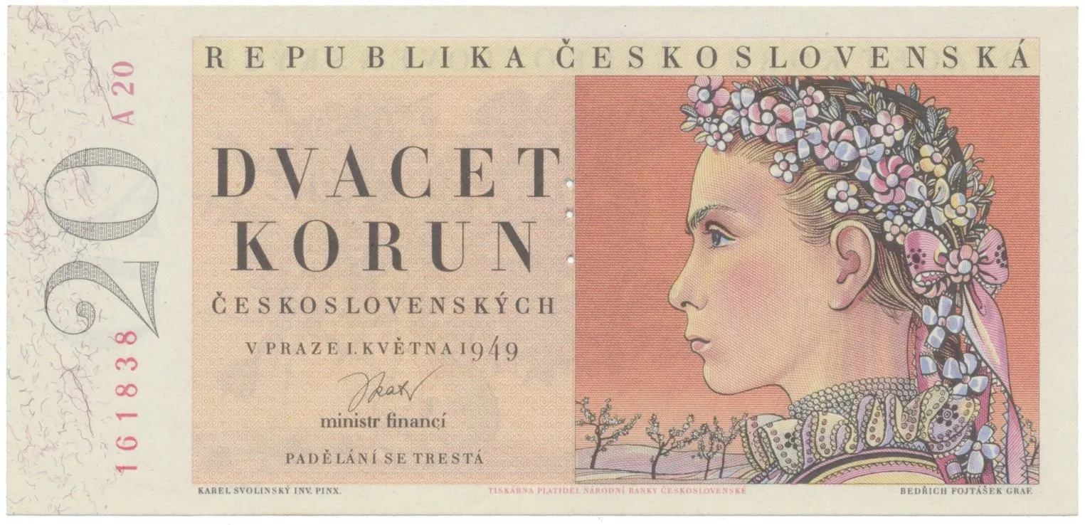 20 Koruna 1949, I. vydání, perforace 3 m.d., Hej.84aS1