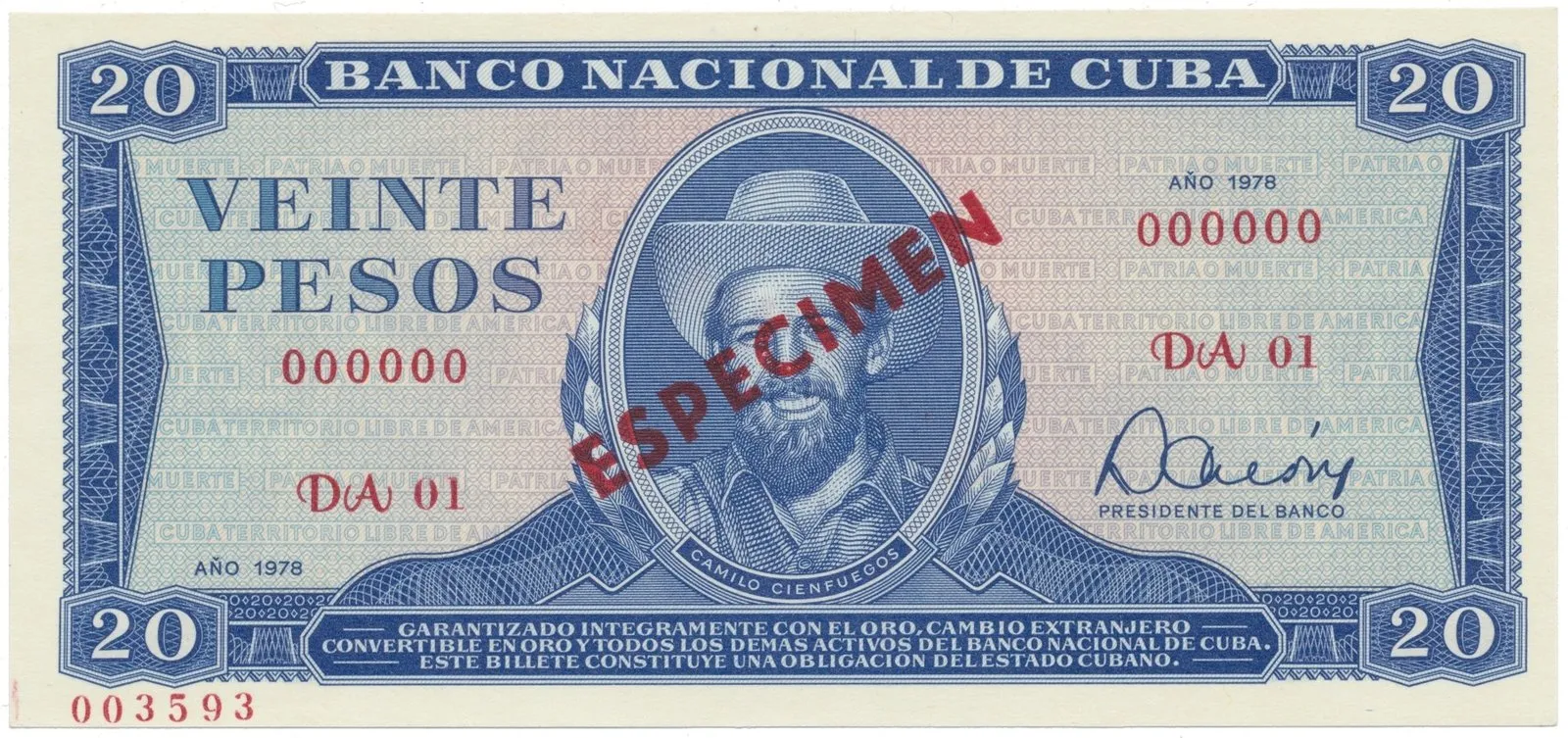 Kuba, 20 Pesos 1978, tisk STC Praha, anulát - ESPECIMEN, bankovní vzor, P.105bs