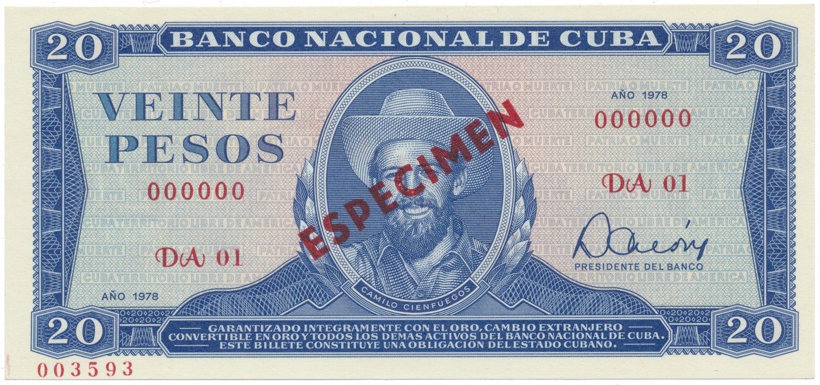 Kuba, 20 Pesos 1978, tisk STC Praha, anulát - ESPECIMEN, bankovní vzor, P.105bs