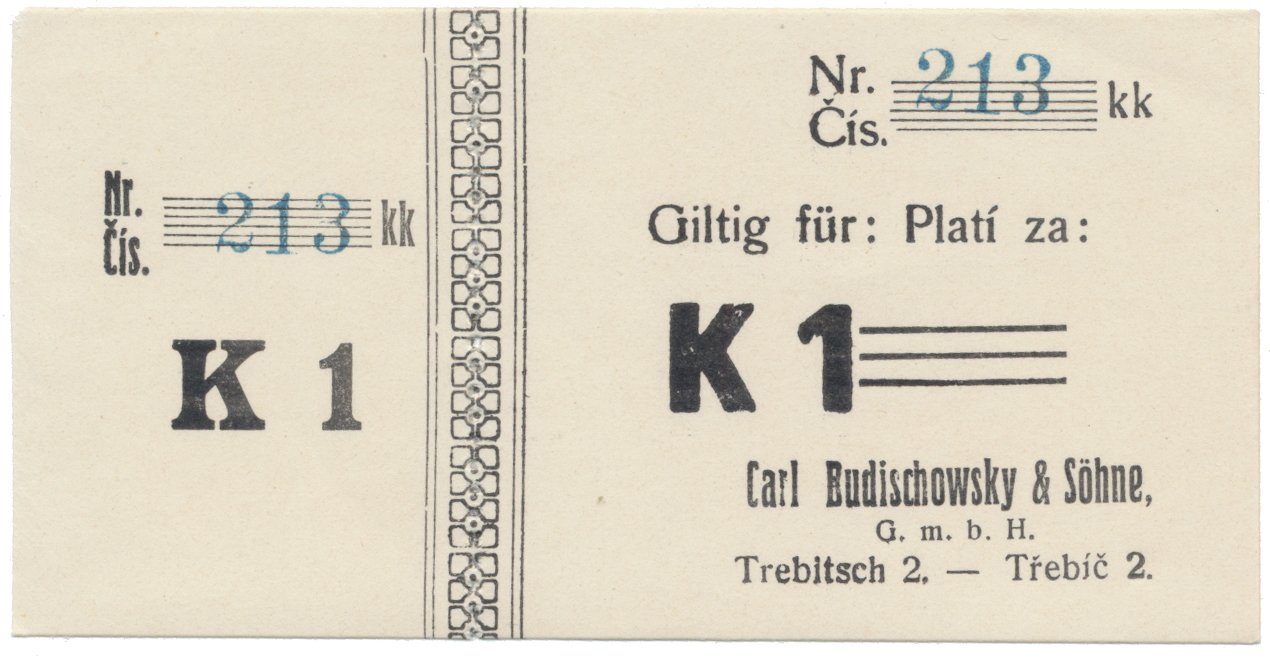 Třebíč - Budischowsky, 1 K  1914, kompletní včetně kupónu, HH.223.1.3.1f