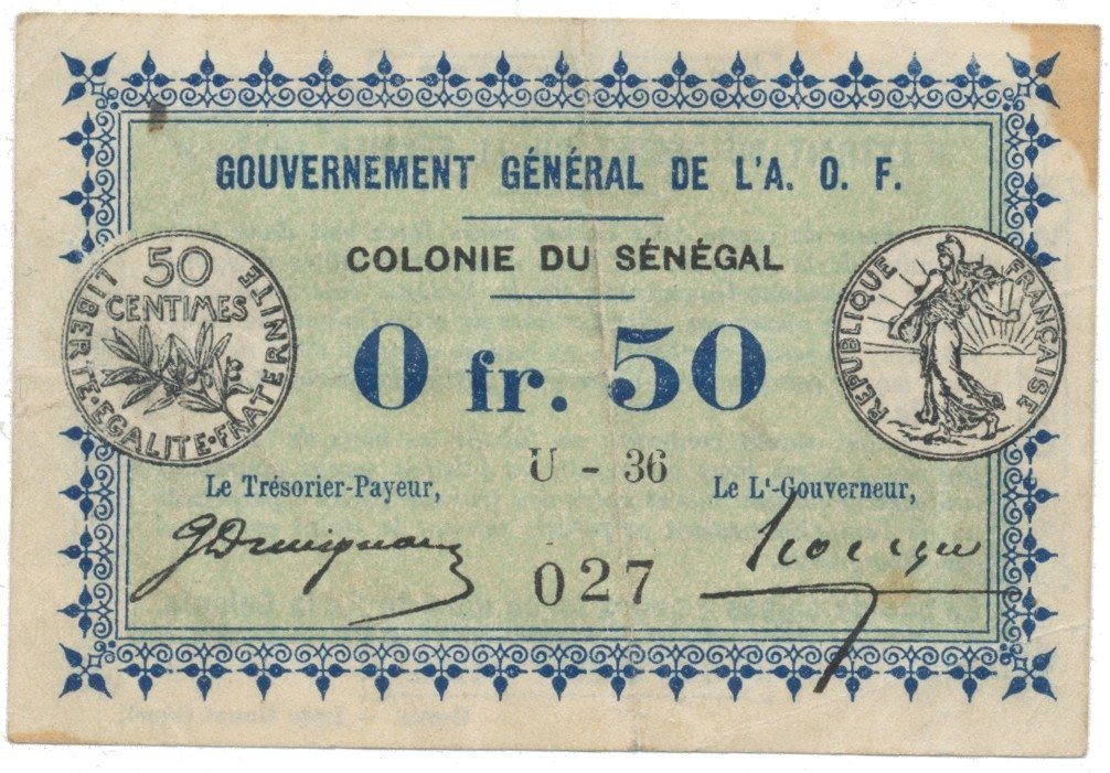 Senegal, 0.50 Franc 1917, staré koloniální vydání, P.1c